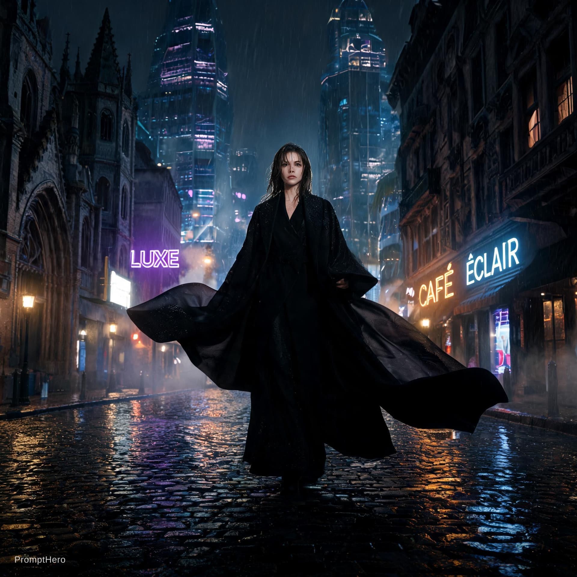 AI generated: een elegante eenzame vrouw die midden op een regenachtige futuristische Europese stadsstraat staat t...