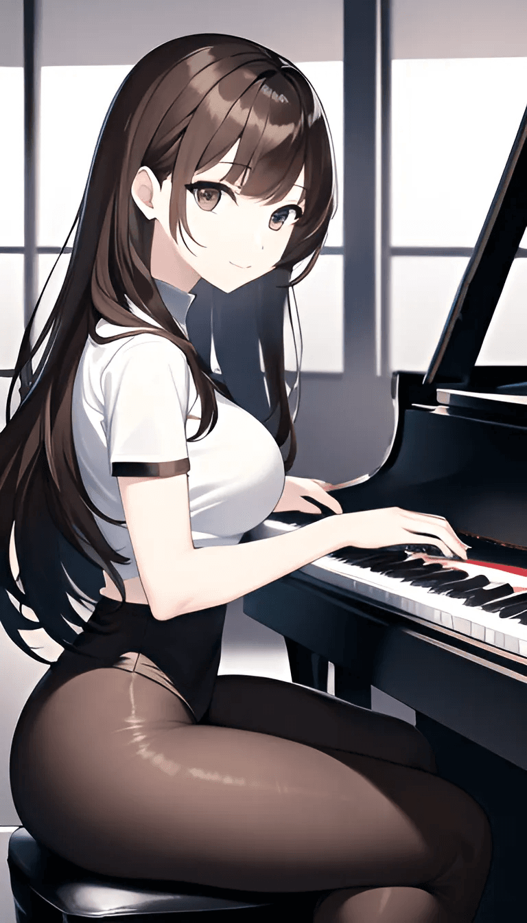 AI generated: An anime girl playing the piano as an attraction, piano, indoors, realistic shading, pianist outfit,...