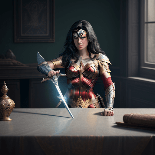 AI generated: sword on the table with the design and character of wonder woman The sword is gold and grey dark, no...