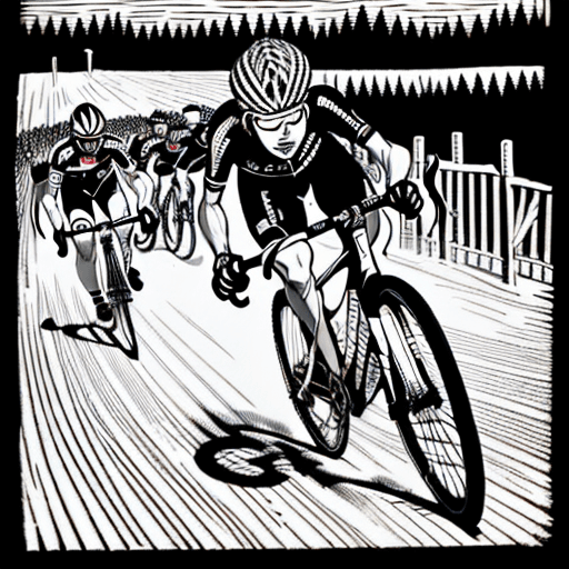 AI generated: Black and white woodcut print of cyclocross bike race
