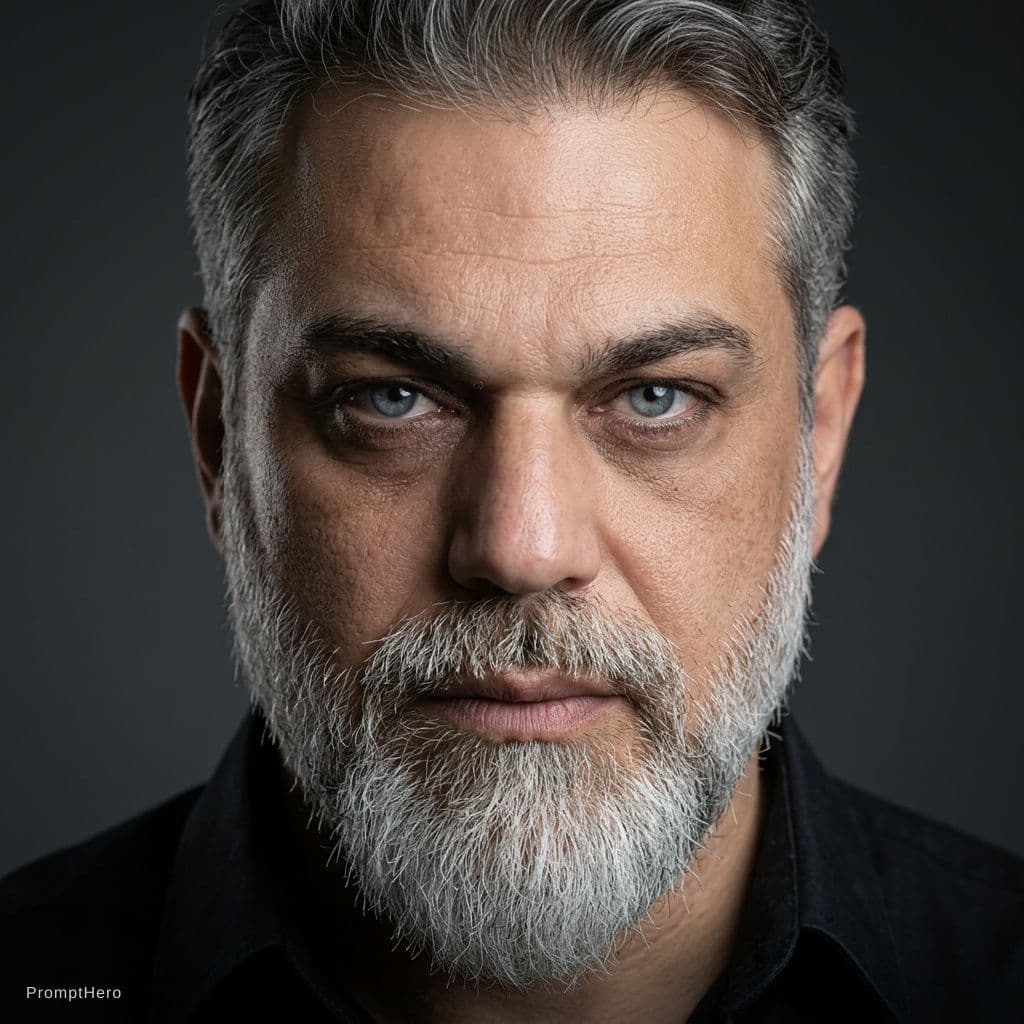 AI generated: Ultra-realistic cinematic close-up portrait of a rugged middle-aged man with salt-and-pepper hair an...