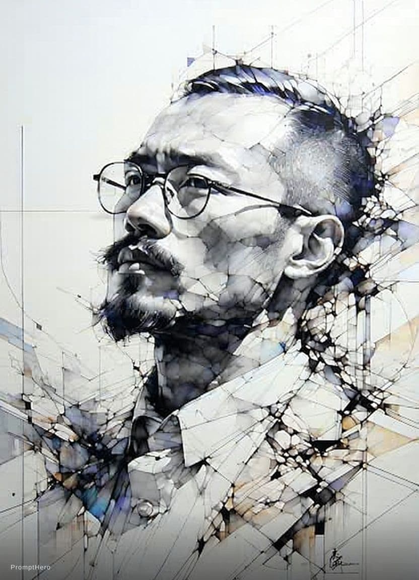 AI generated: portrait of man, pen and ink, intricate line drawings, by craig mullins, ruan jia, kentaro miura, gr...