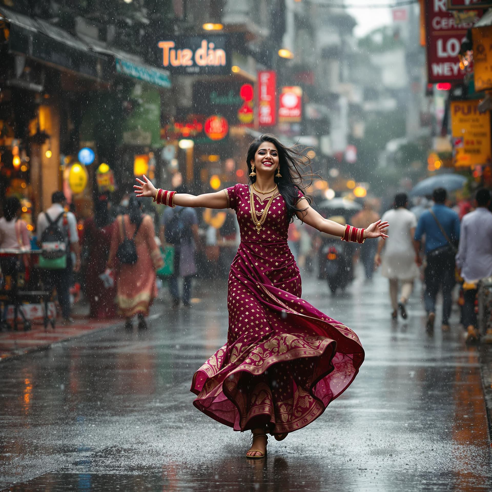 AI generated: An image depicting the metaphor of life as Indian girl dancing in the rain. Show a joyful and confid...