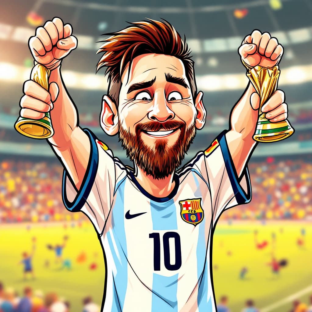 AI generated: Leonel Messi as a Disney Character 2D Line art hanging up the world cup champion 
with the argentini...