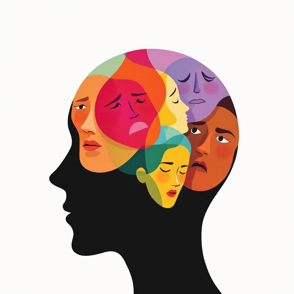 AI generated: Abstract human head, express different emotions, different colors in the head, highlight mental heal...