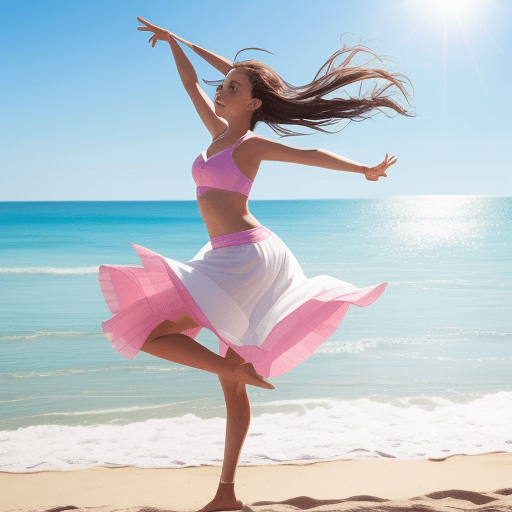 AI generated: An image of a girl dancing on the a sunny beach
