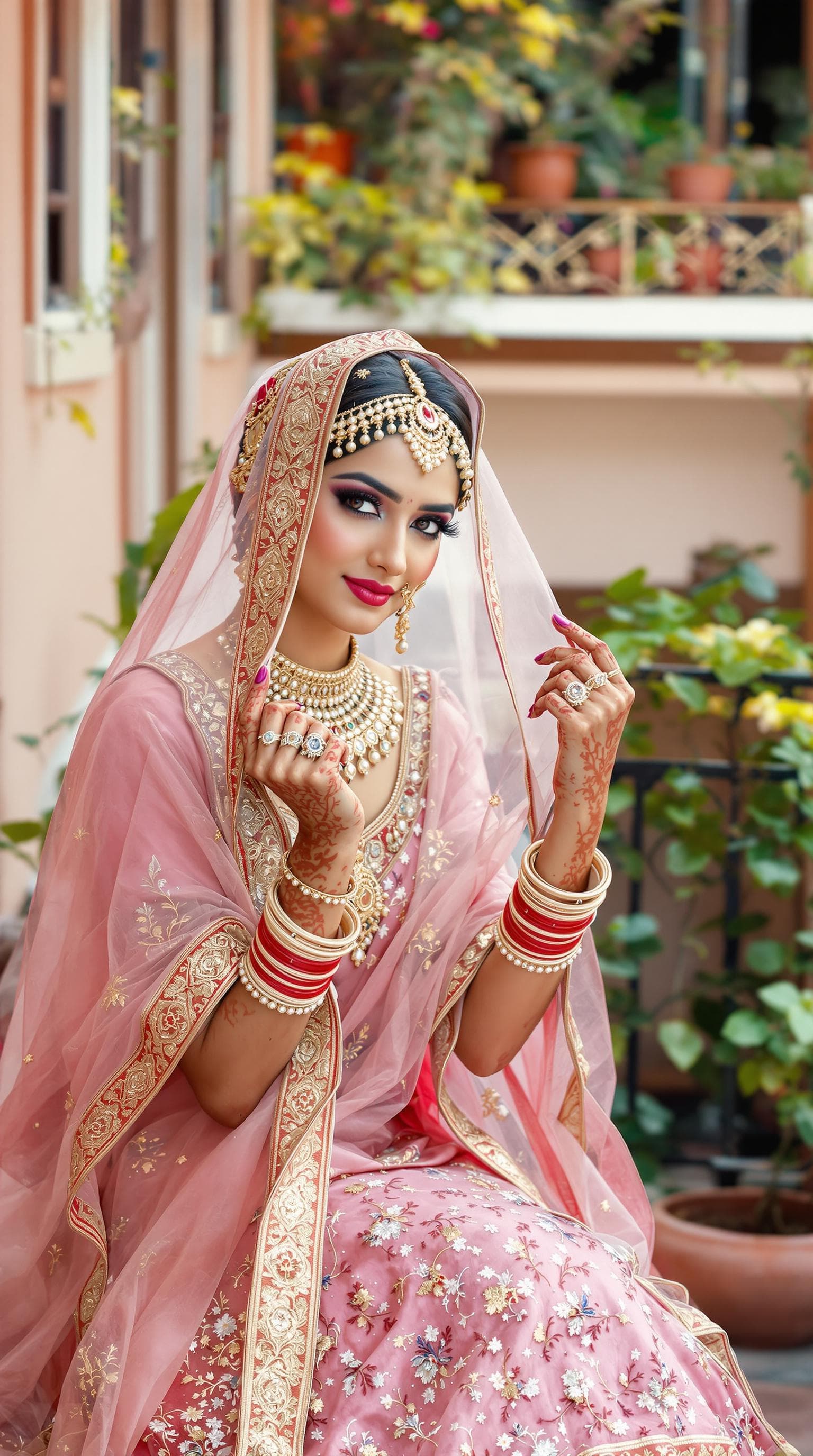 AI generated: "A traditional Rajasthani woman sitting gracefully in a courtyard, wearing a beautiful pink lehenga ...