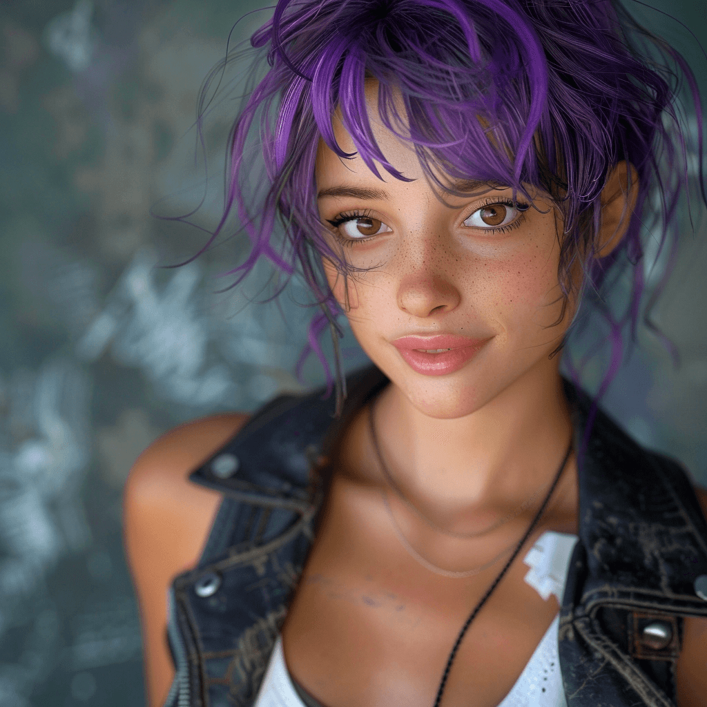 AI generated: close up portrait of a cute punk with purple messy hair, big brown eyes, white tank top, black leath...