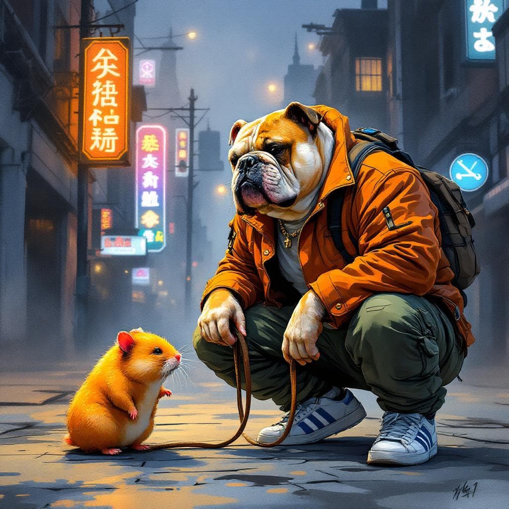 AI generated: An atmospheric watercolor comic book illustration of an anthropomorphic bulldog kneeling to pet his ...