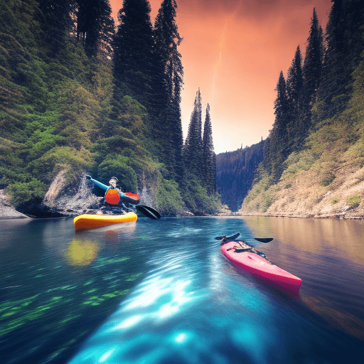 AI generated: mountains, rivers, 1 kayak, nighttime, glowing stars --uplight