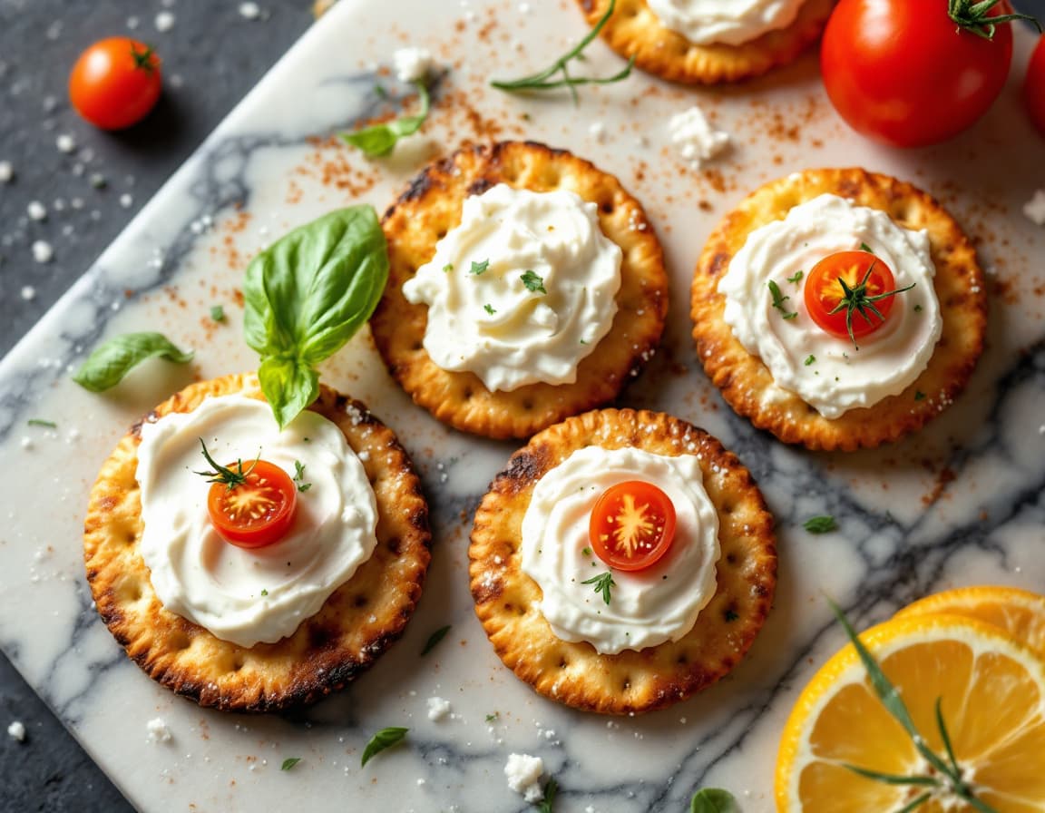 AI generated: Photo of an ultra-realistic photo of a few round crackers with white dips on top. Decorated with a b...