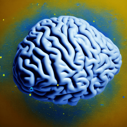 AI generated: brain made from white silicone floating in clean and light space with a lot of yellow and blue fluid...