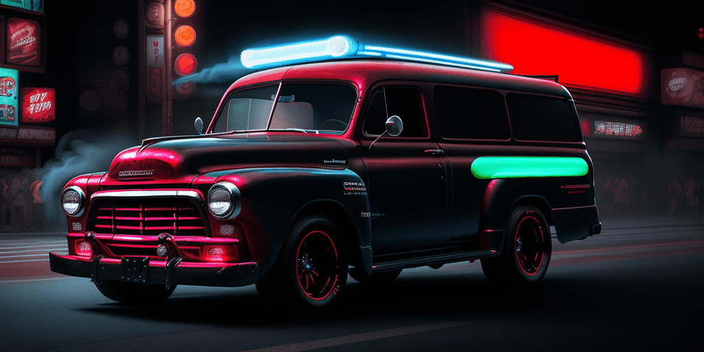 AI generated: full modified,  red doff,  1952 GMC Suburban CaryAll,  races in the midnight of shibuya street,  whe...