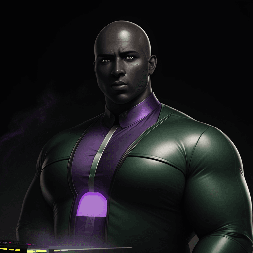 AI generated: Dark skin full figured DJ man with green eyes, he is bald, and his face looks completely black and b...