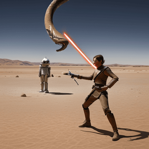 AI generated: star wars character fighting with a lightsaber against a giant snake, on a desert planet