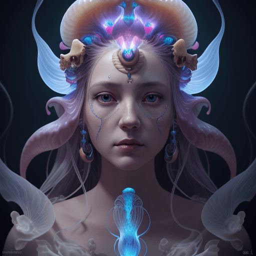 AI generated: Goddess close-up portrait ribcagel. jellyfish phoenix head, nautilus, orchid, skull, betta fish, bio...