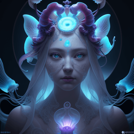 AI generated: Goddess close-up portrait ribcagel. jellyfish phoenix head, nautilus, orchid, skull, betta fish, bio...