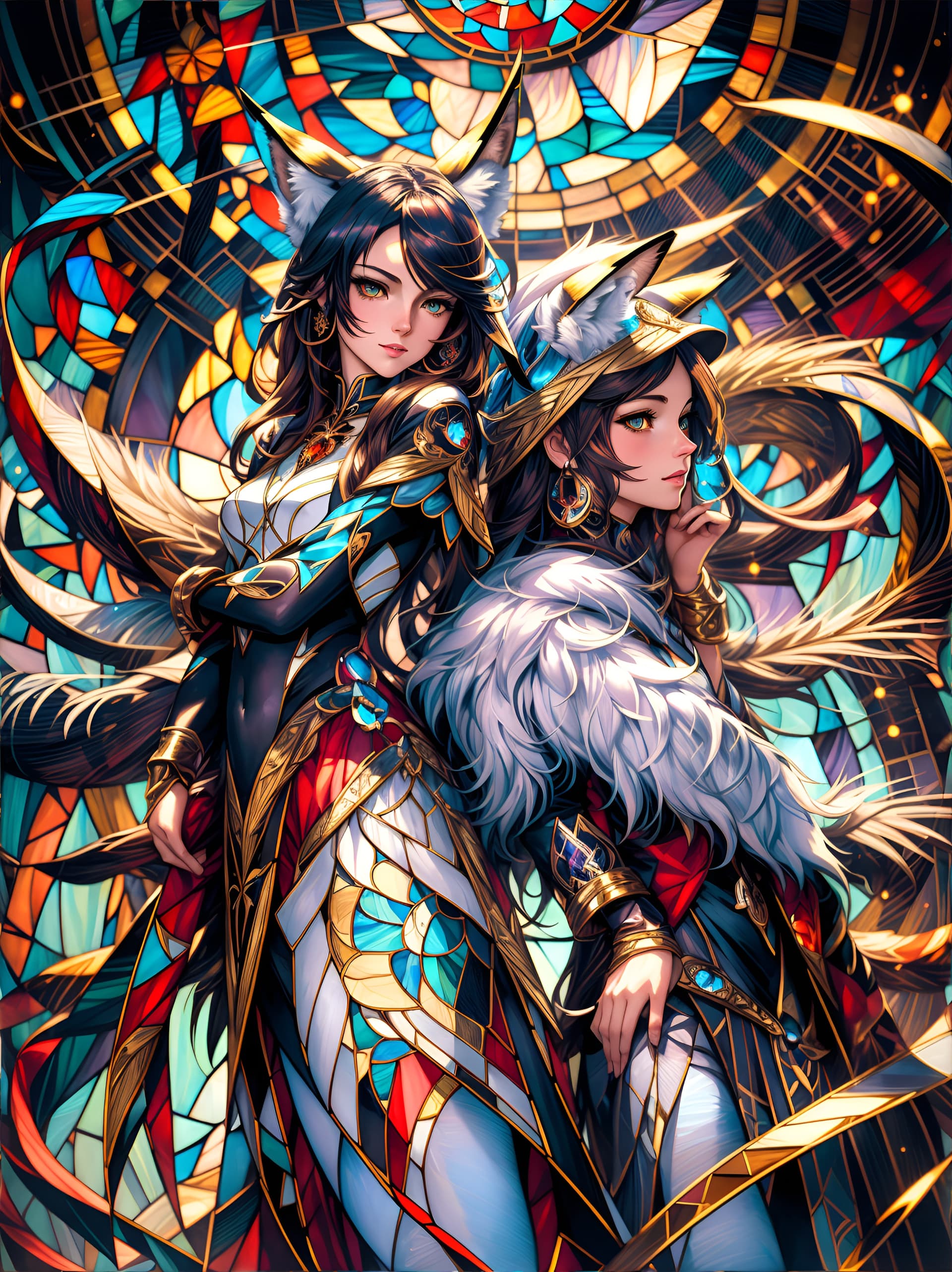AI generated: (masterpiece), full length shot of a fox girl with nine-foxtails, (stained glass illustration:1.5), ...