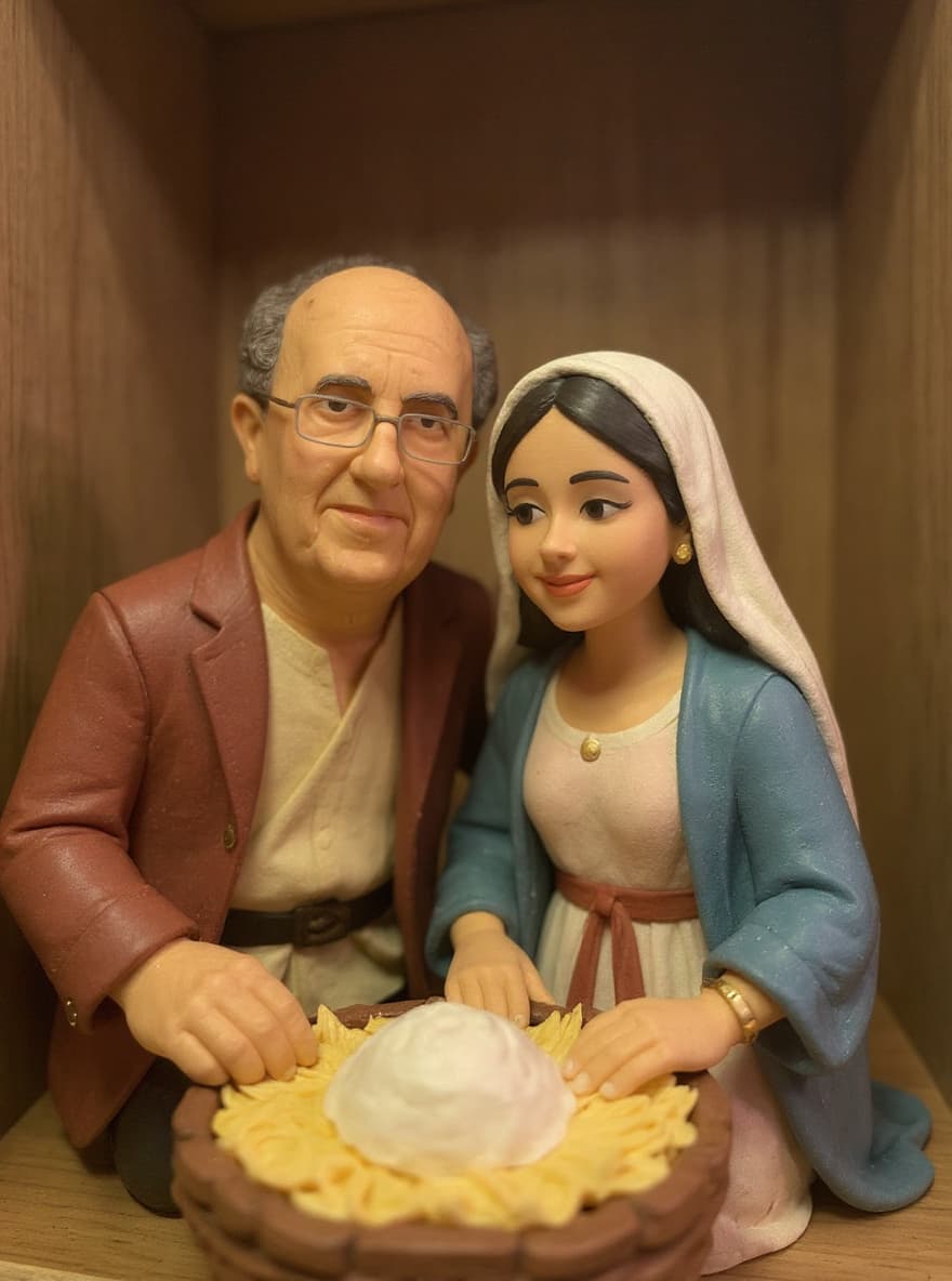 AI generated: take this couple and put like Jose in Maria in a nativity scene. they are figurines. keep the exact ...