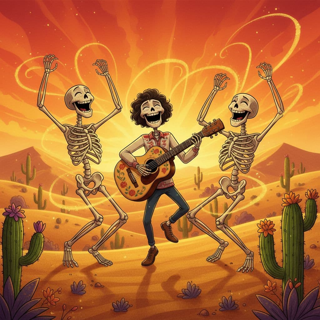 AI generated: Tres figuras en un desierto amplio con cactus: dos figuras con cuerpos de calavera, y una tercera fi...