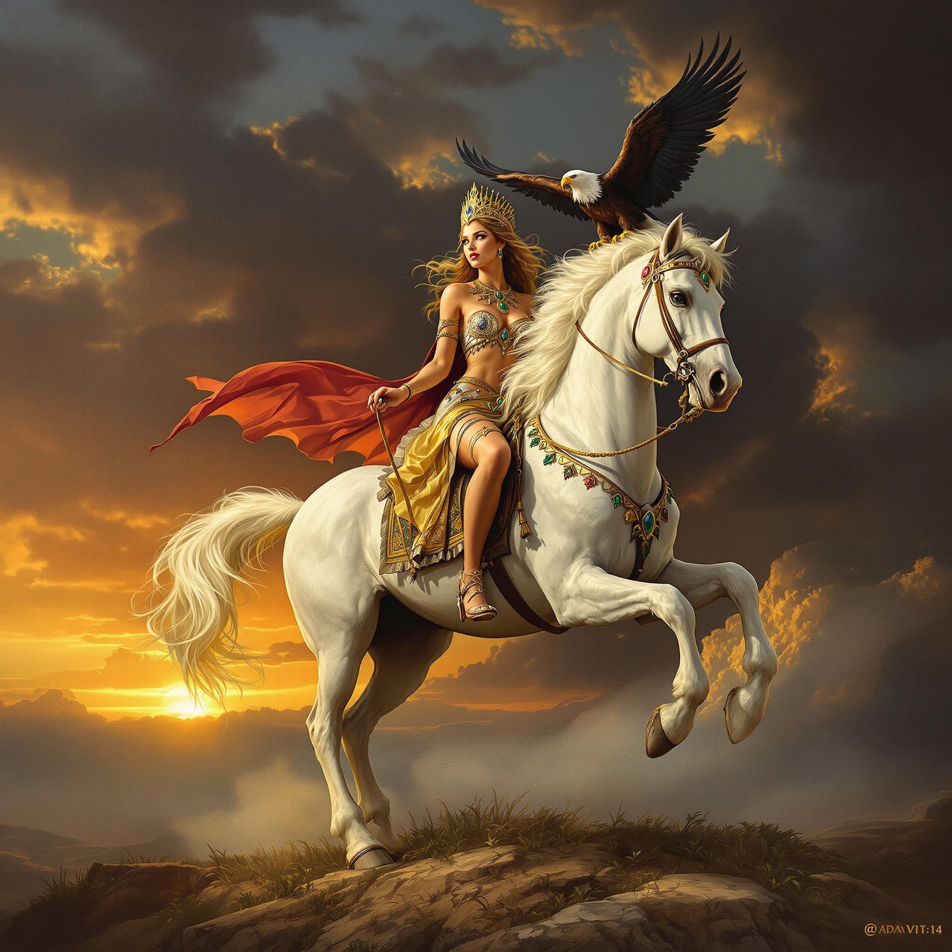 AI generated: an oil color painting of an Idian princesses on a wild white stallion horse, wearing fancy clothing ...