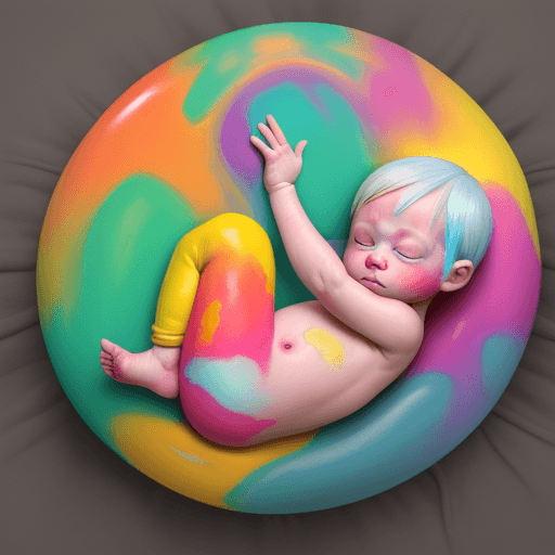 AI generated: extremely colorfully painted human baby in fetal position