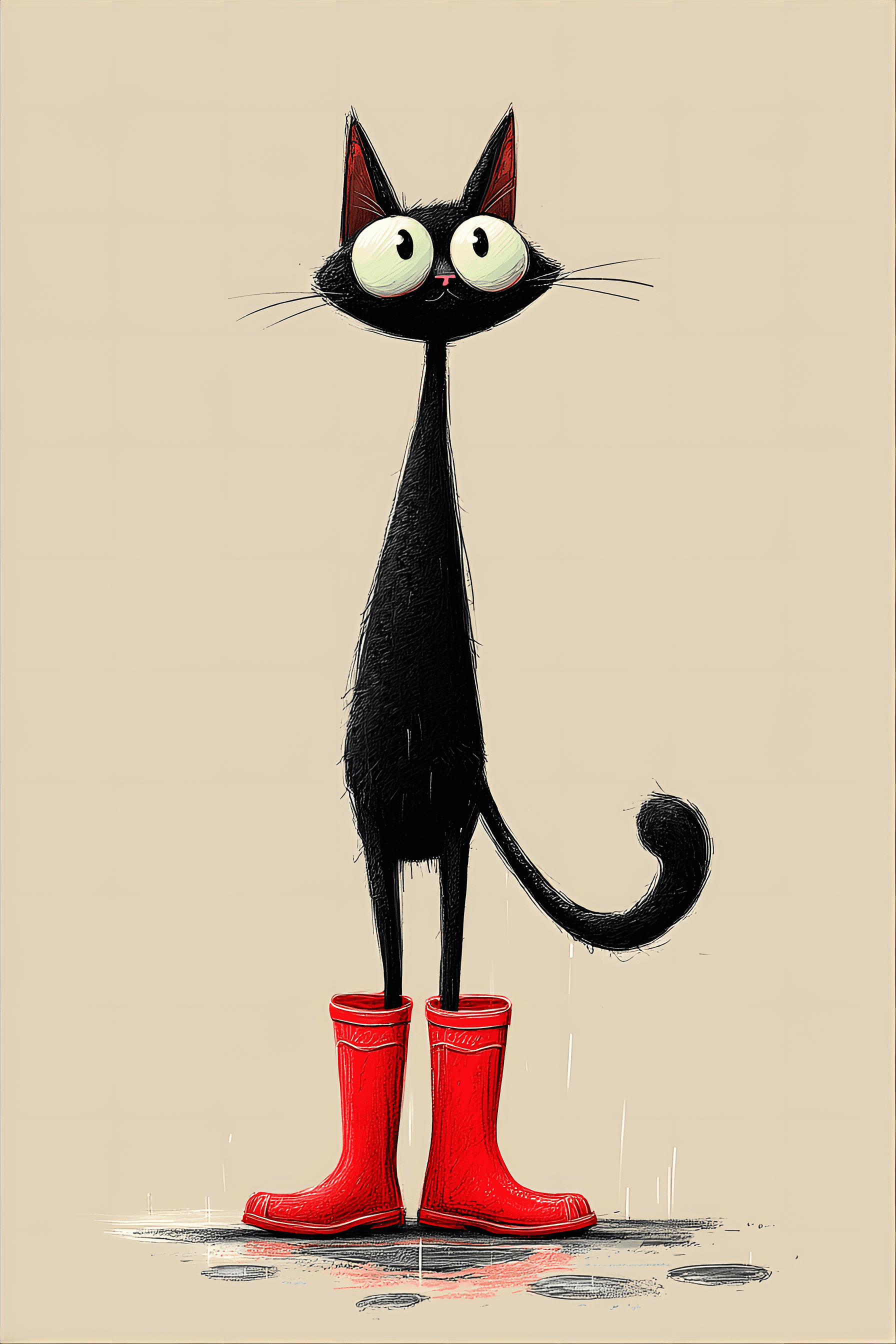 AI generated: funny caricature, quirky black cat, female, 7 years old, sleek, curious, mischievous, extremely elon...