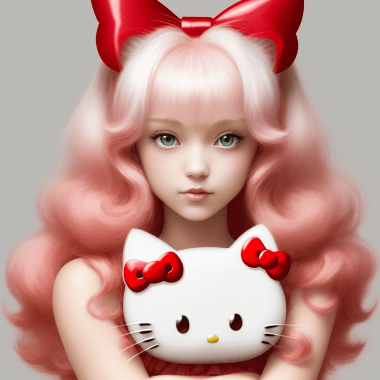 AI generated: hello kitty as a human, sfw, white fluffy hair, red hair bows, cats hello kitty, cute