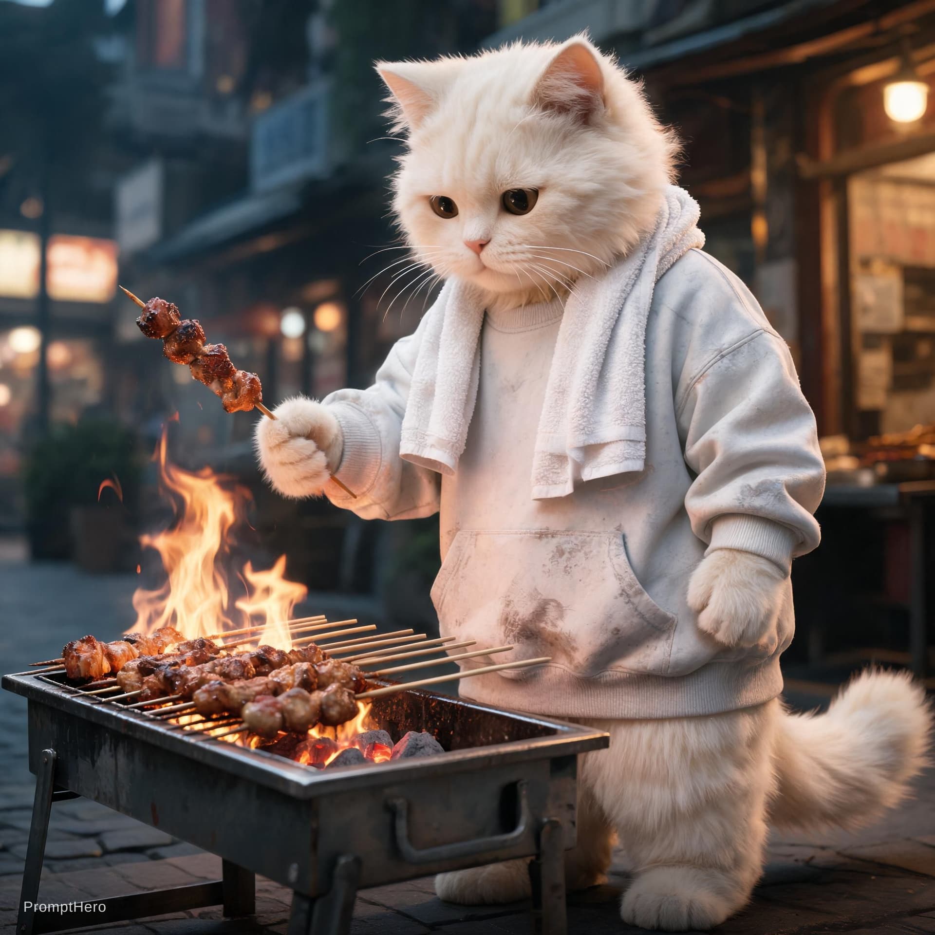 AI generated: Dramatic photo in 3D illustration, panorama, full body, anthropomorphic real cute creamy cat, wearin...