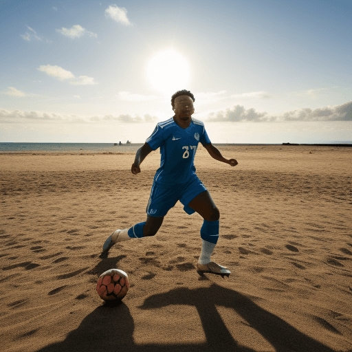 AI generated: Photo of a footballer on an island, playing ball into the sun