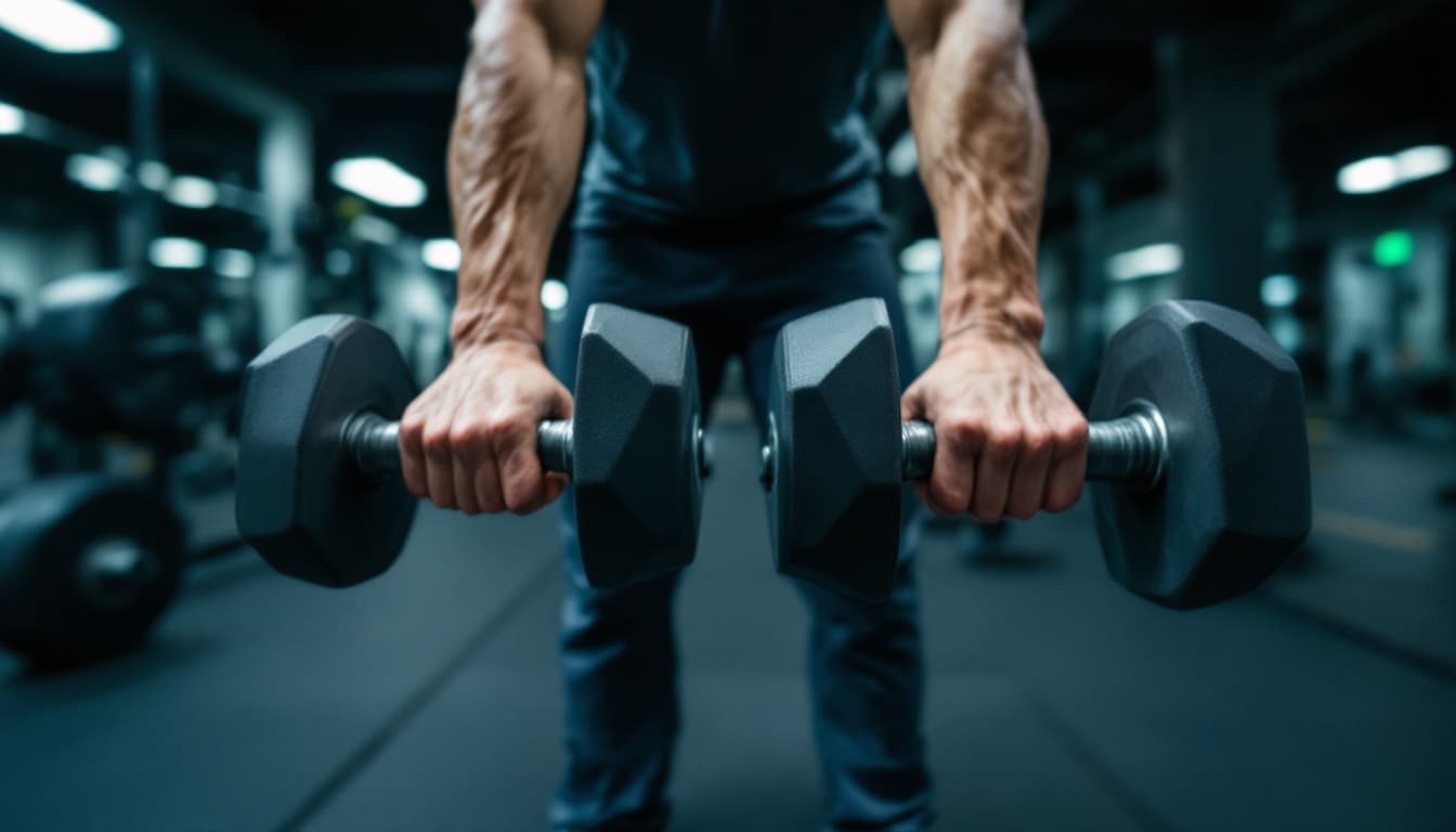 AI generated: POV first-person, I am lifting dumbbells in a gym. Only my hands (holding the dumbbells correctly) a...