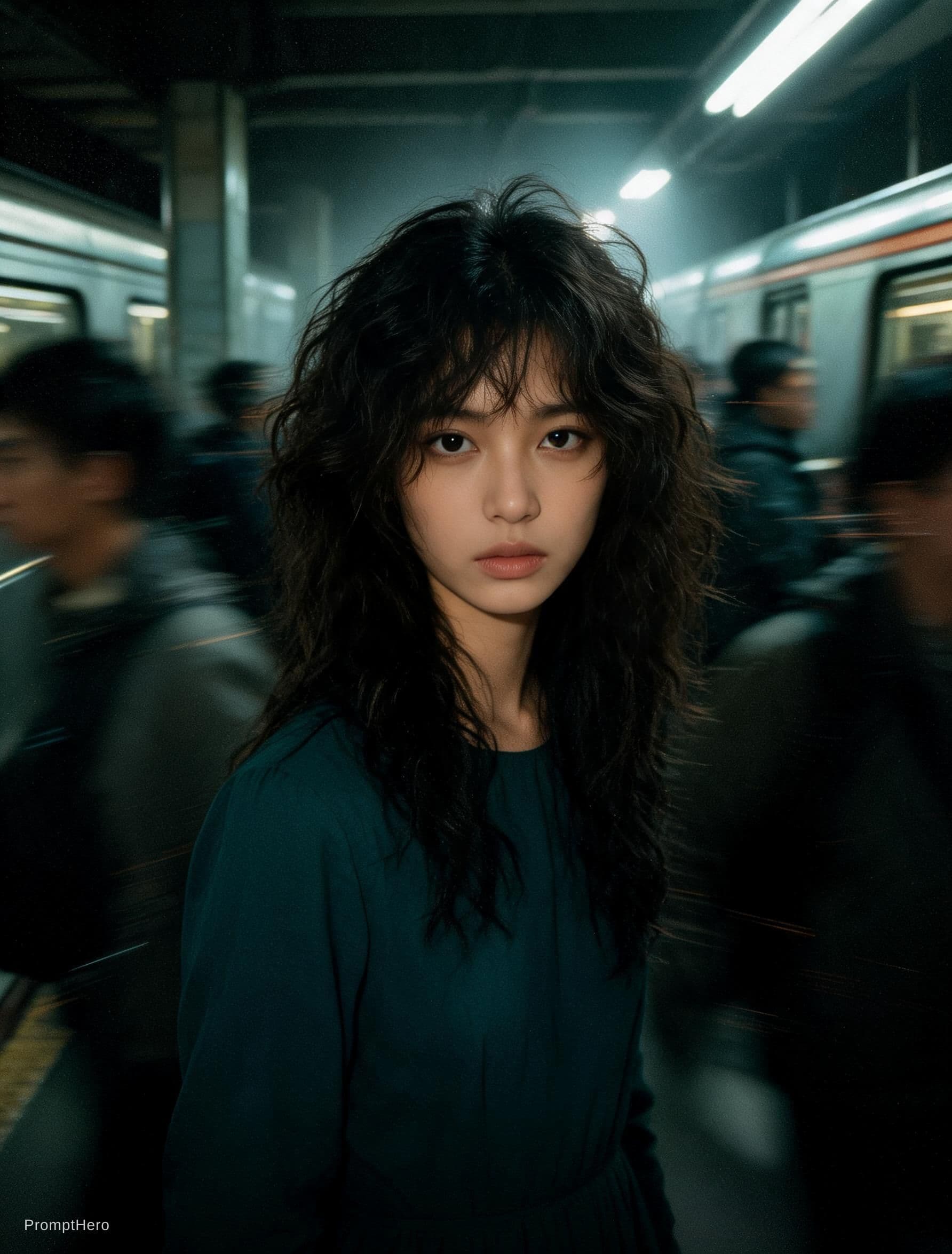 AI generated: Cinematic editorial portrait of a young women in her early twenties standing motionless at the
cente...