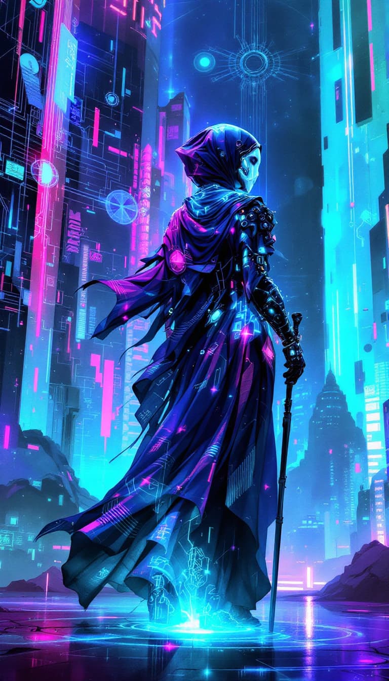AI generated: Conceptual design: Cybernetic Illusionist from the Mirage Collective. This mesmerizing graffiti-punk...