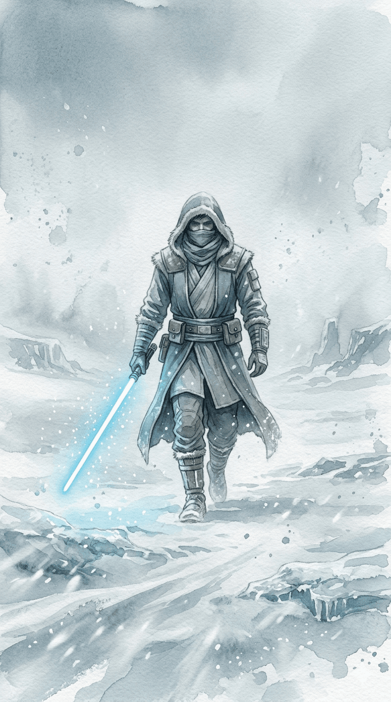 AI generated: Ultra-detailed cinematic illustration of a Jedi knight walking forward with a determined stride acro...