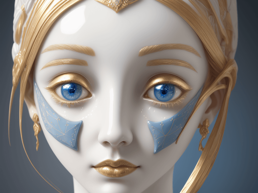 AI generated: a woman made out of porcelain, close up , blue eyes , gold dust ,in the style of balanced symmetry, ...