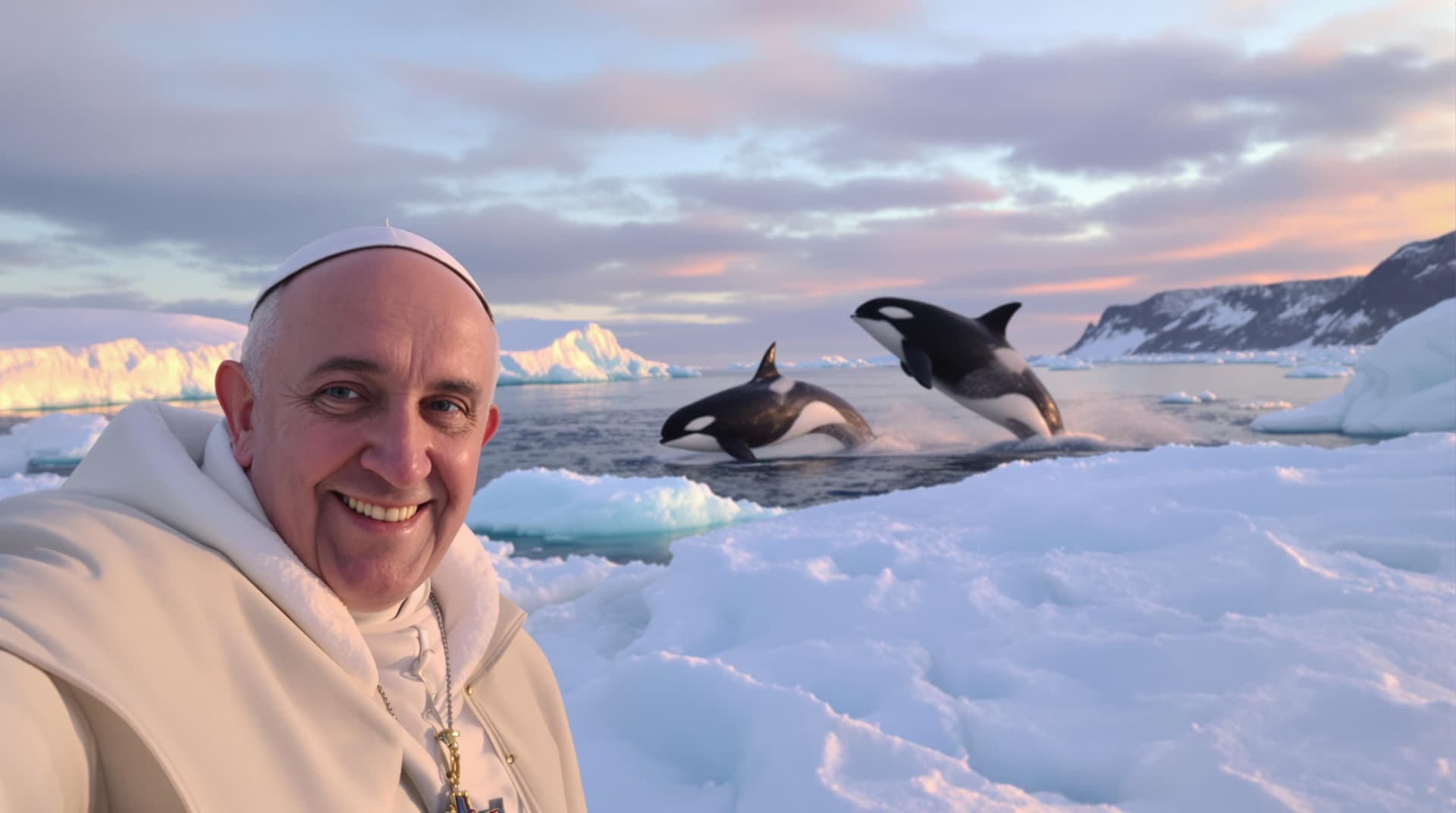 AI generated: In the snow, there is an ice field with the ocean in the background, 2 orcas are jumping out of the ...