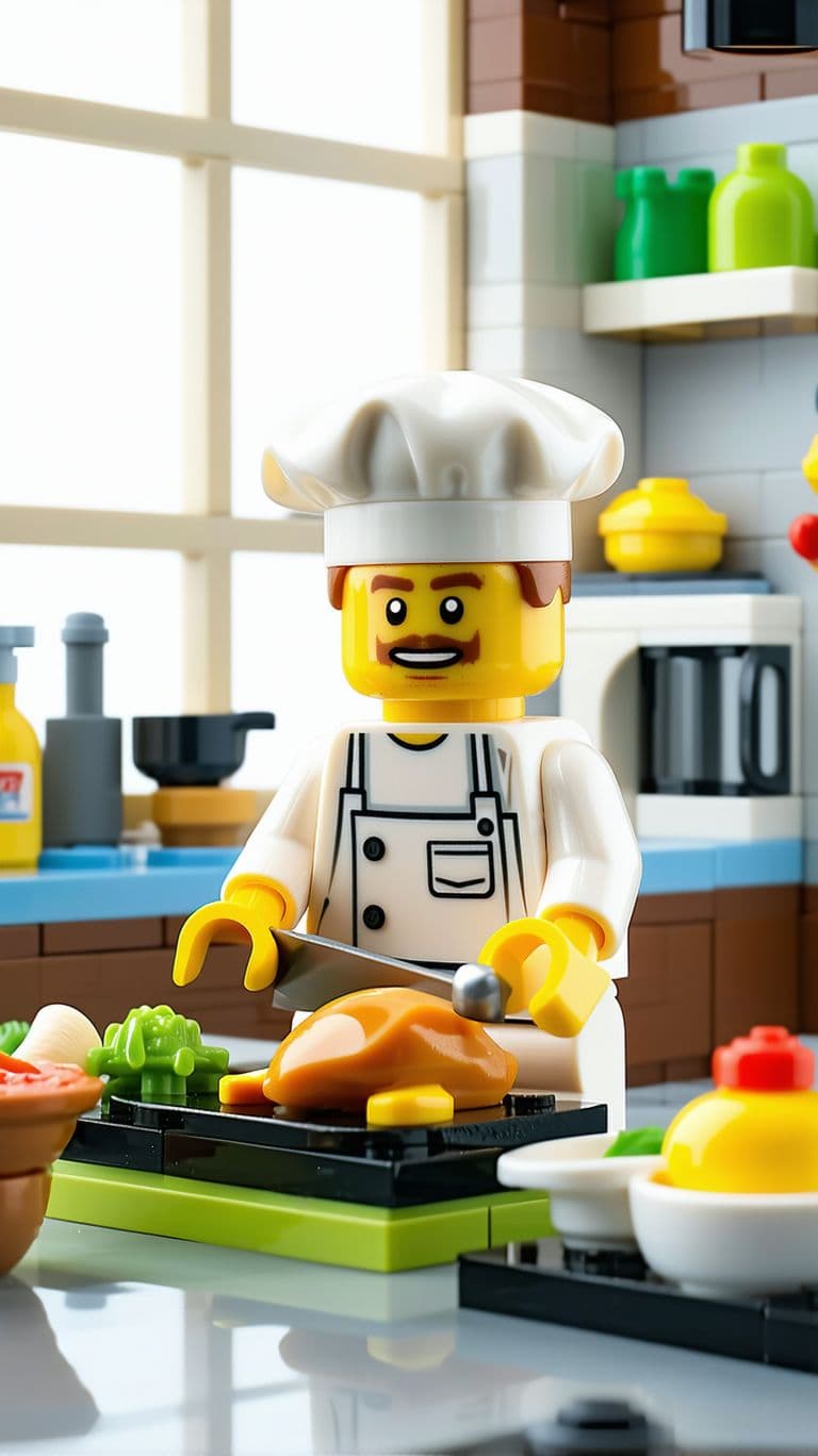 AI generated: A LEGO character dressed in A CHEFS OUTFIT IN A BRIGHT AIRY KITCHEN CHOPPING UP A CHICKEN