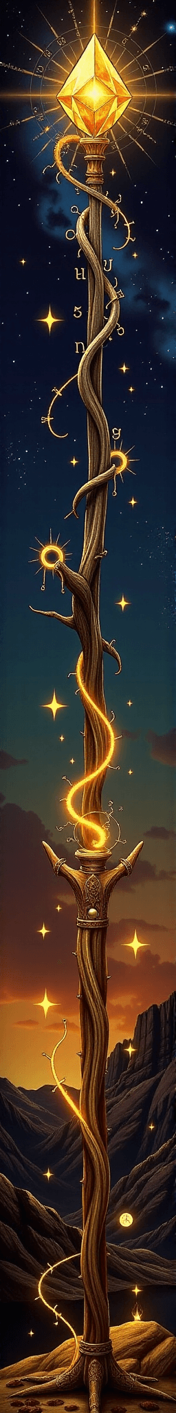 AI generated: The Wand of Ascension â vertical magical relic: A single, ancient magic wand stretches the full he...