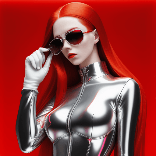 AI generated: A cool girl from USA with white closely long red hair, in a reflective metallic mylar silver suit. 9...