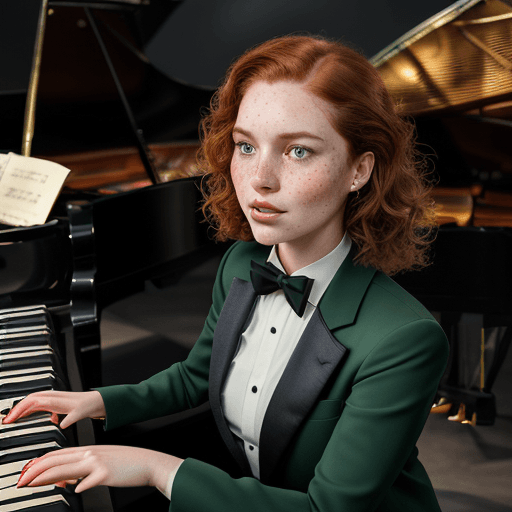 AI generated: A fair-skinned woman with freckles and green eyes, her wavy auburn hair elegantly styled. She is dre...