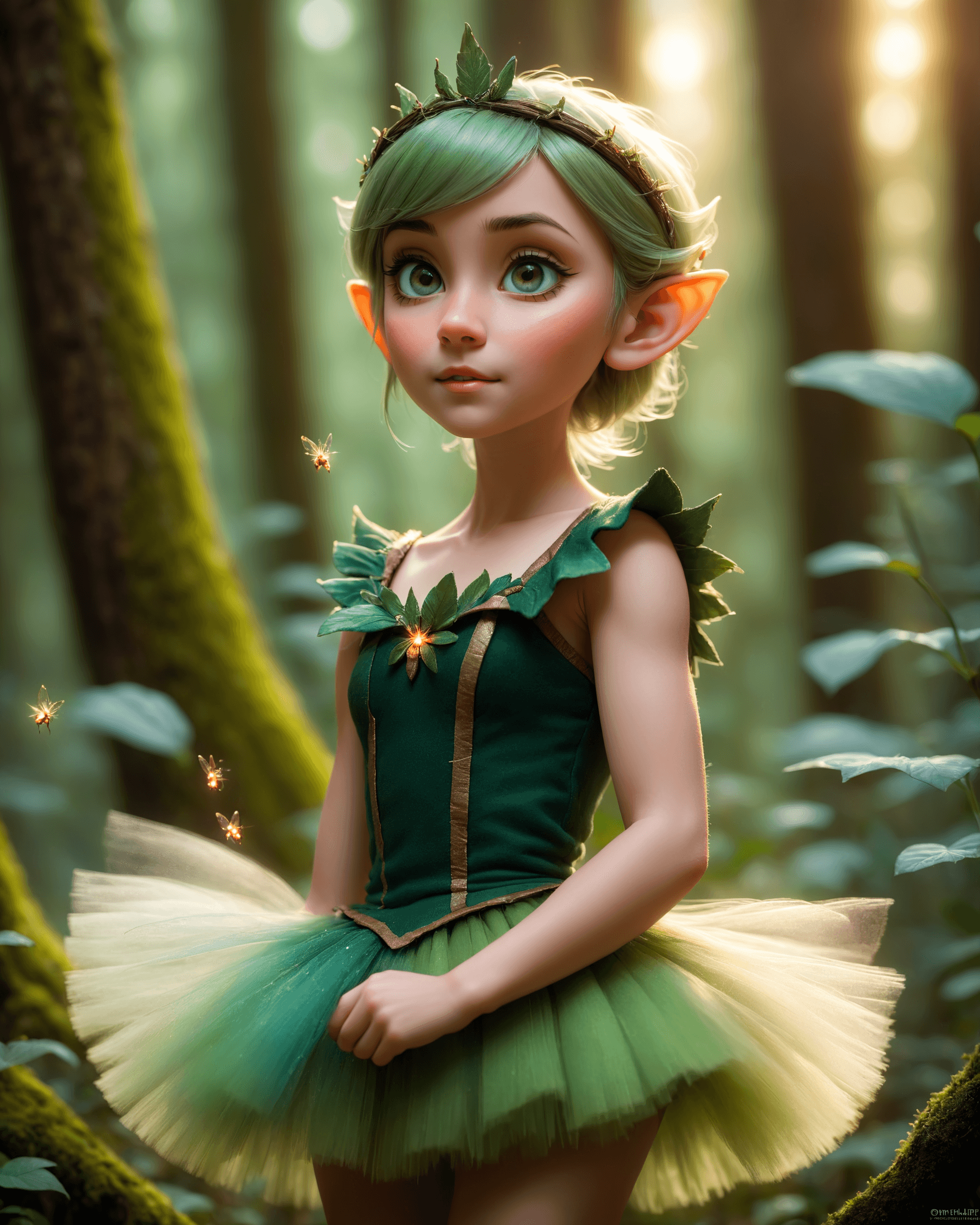 AI generated: RAW photo, dark magical forest, depth of field, layers,pixie,elf tutu,8k,fireflies flying around and...