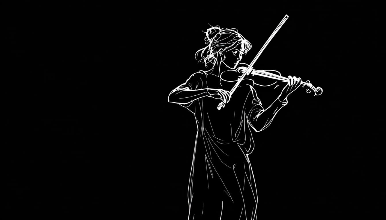AI generated: Minimalist line art drawing depicting a woman playing the violin, outlined with continuous white lin...