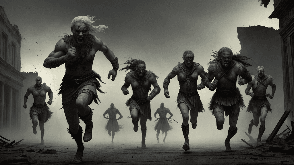 AI generated: Warriors dressed as old warriors, running away from a ruined deserted city at night, action, horror,...