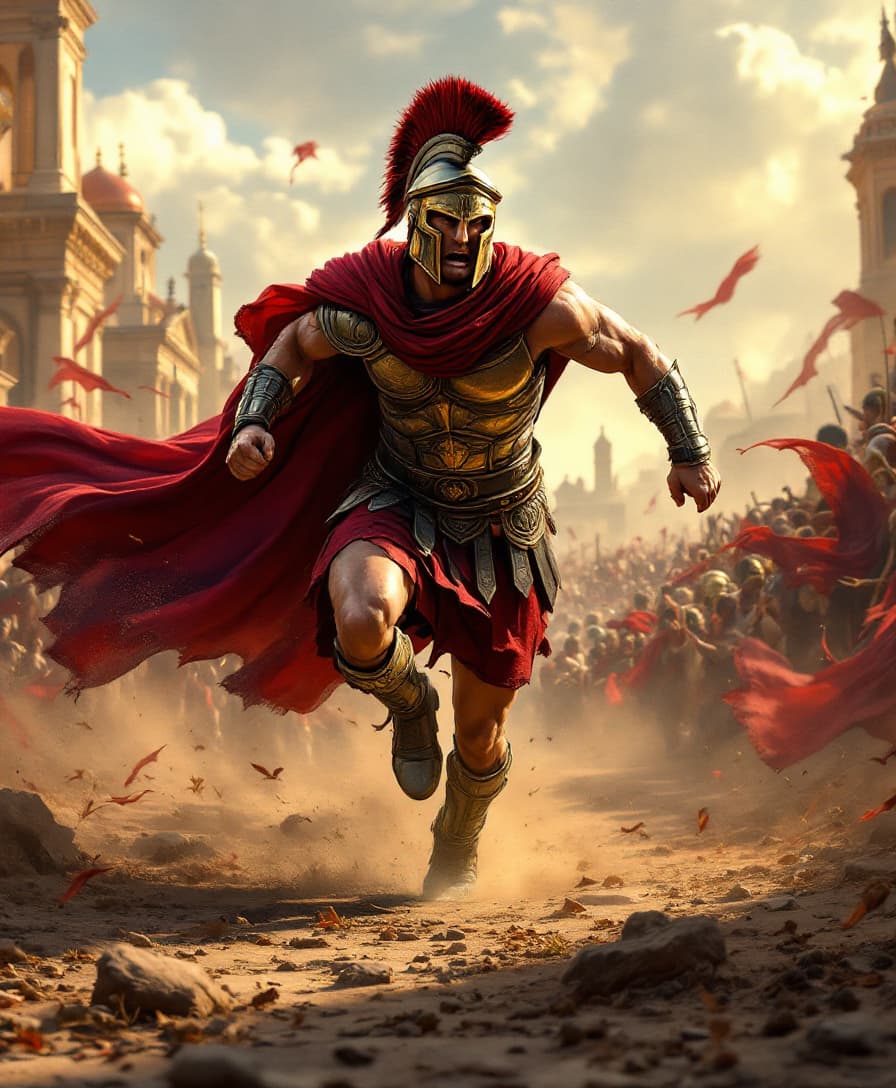 AI generated: a spartan in full battle gear running in the field, in the style of crimson and bronze, detailed cro...