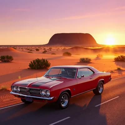 AI generated video: Ultra-realistic photograph of 80s Toyota Landcruiser parked on the Stuart Highway a desert road at s...
