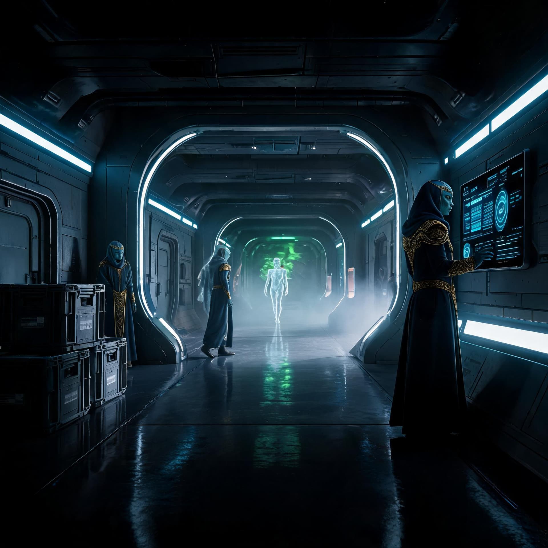 AI generated: A tense cinematic science-fiction corridor scene inside a futuristic lunar research base. In the for...