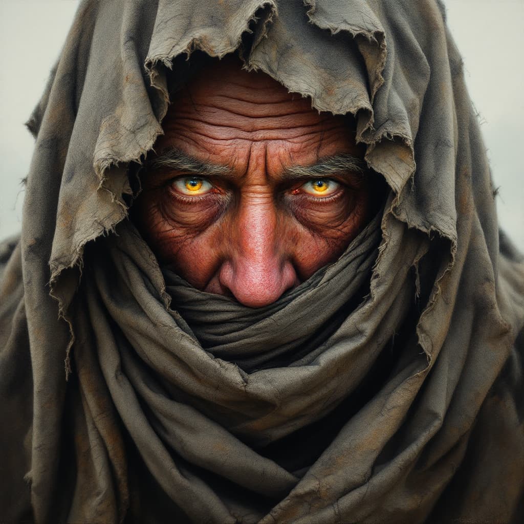AI generated: Impasto oil painting of a post-apocalyptic wasteland, an older man's luminous, vibrant eyes and part...