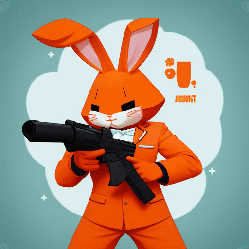 AI generated: A rabbit who wears a uniform in the shape of a carrot and saves the world with a gun in his hand