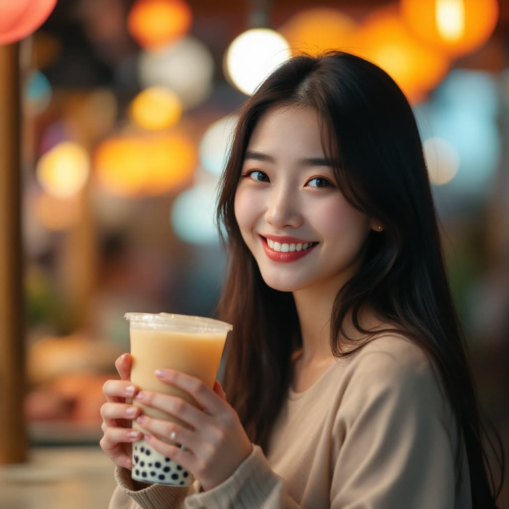 AI generated: Young Asian woman, mid-20s, with smooth, long dark hair, holding a large bubble tea drink.  Smiling ...