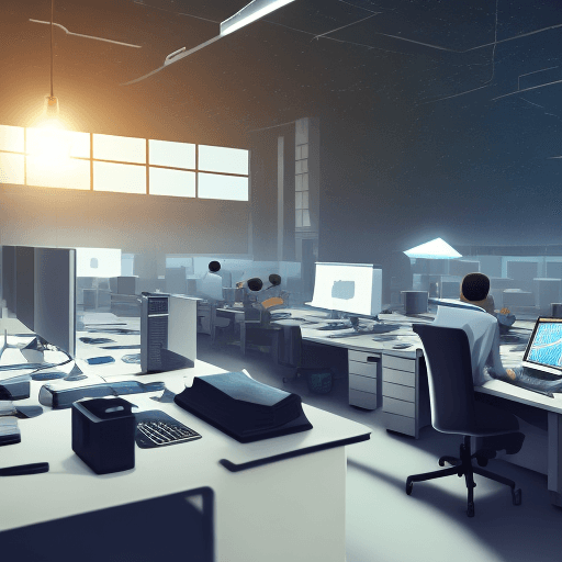 AI generated: on moon have computer office, doing work and big computer mouse, having group of people and dark lig...